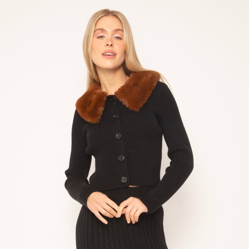 Central Park West Nola Rib Cardigan with Faux Fur Collar